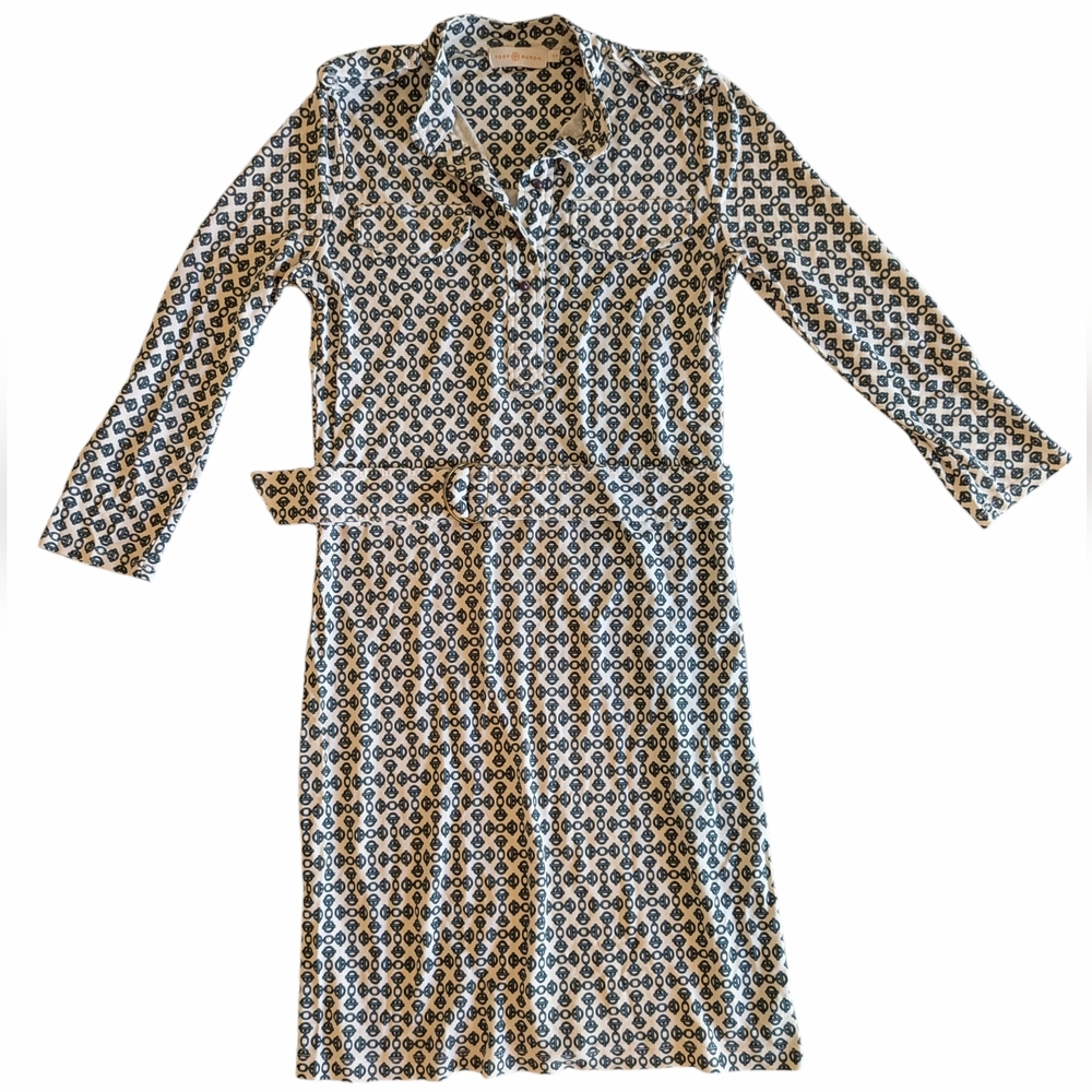 TORY BURCH Cream Green Printed Belted Midi Dress Womens Size Small - Picture 2 of 15